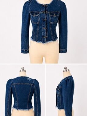 Retrofête Ada Style Denim Jacket Puff Shoulder Cropped Frayed Trim